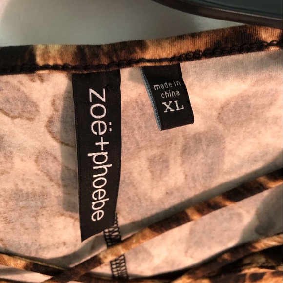 Zoe + Phoebe XL Tan Black Leopard Print Blouse Criss Cross Front Gold Buttons - Picture 3 of 4